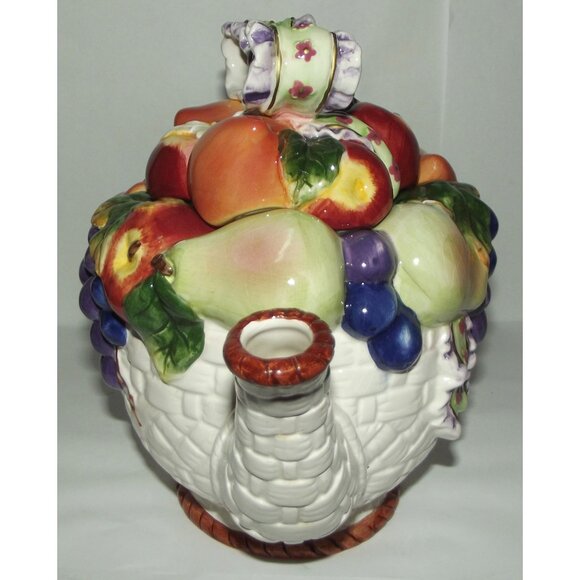 Teapot floral bow porcelain ceramic basketweave fruit with lid multicolor - Picture 7 of 16
